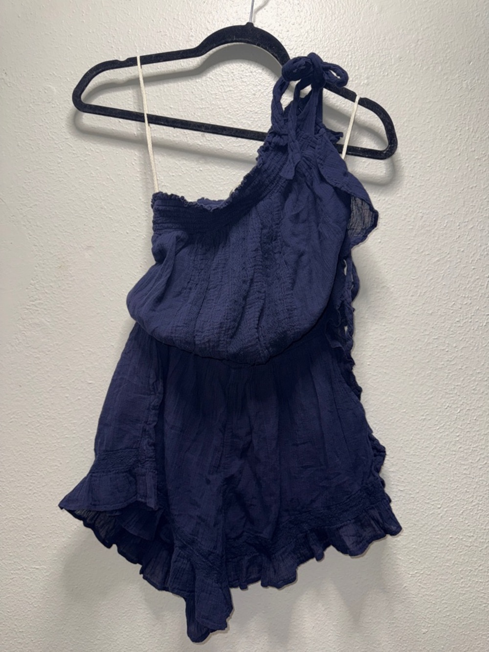 Free People Navy One-Shoulder Gauzy Romper with Tie